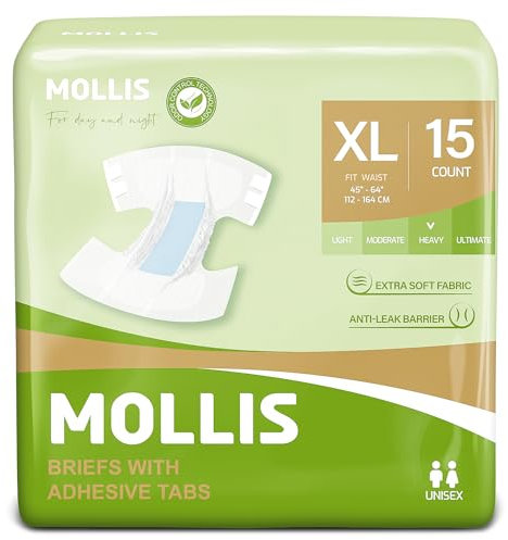MOLLIS Windeln für Erwachsene, Windelhosen für Männer und Frauen, Inkontinenz Slip mit Tabs, maximale Saugfähigkeit, Auslaufschutz über Nacht, Unisex, Größe XL, 15 Stück
