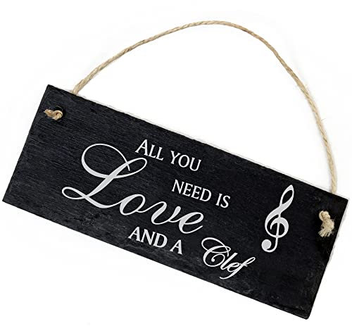 Schiefertafel Deko Notenschlüssel Schild 22 x 8 cm - All you need is Love and a Clef - Wanddeko Dekoration Türschild