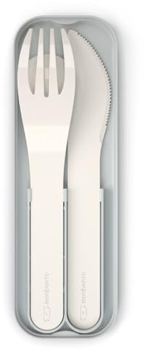 MONBENTO - Lunchbox-Besteck-Set MB Pocket Natural - 3-Teilig Gabel Messer Löffel - Besteck-Set für Büro/Meal Prep/Schule - Biologisch abbaubarer Kunststoff - Creme