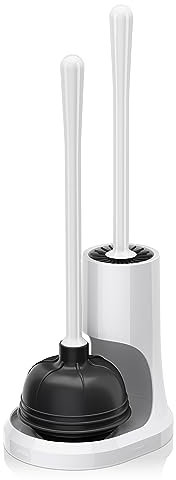 uptronic Toilet Plunger and Silicone Brush, Silicone Brush and Heavy Duty Toilet Plunger Set with Holder, 2-in-1 Bathroom Cleaning Combo with Modern Caddy Stand (White)