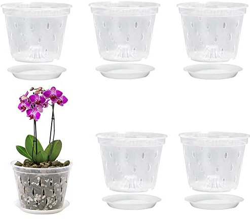Foreverup Vasi per orchidee trasparenti da 14 cm, confezione da 5 vasi in plastica con fori di drenaggio e piattini, vasi per piante in plastica per interni traspiranti con scanalature, per tutte le