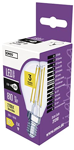 EMOS LED Lampe Edison Mini Globe, 6W Ersatz für 60W Glühbirne, klare Vintage-Glühlampe mit E14 Sockel, Helligkeit 810 lm, Warmweiß 2700 K, 25000 h Lebensdauer, CRI min. 80, 300° Abstrahlwinkel