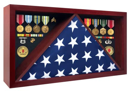 ILOT Large Military Shadow Box - Solid Wood Flag Case for 5' x 9.5' American Veteran Burial Flag, Velvet Like Felt Lining for Medals, and Polished Plexiglass (Mahogany)