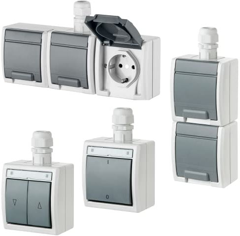 asvendo elektro Aufputz-Serie/Steckdosen/Schalter/Taster/Jalousietaster/Klingeltaster/hellgrau / IP65 / wassergeschützt, feuchtraumgeeignet (1-fach Steckdose)