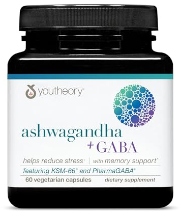Youtheory Ashwagandha + GABA - Adaptogenic Blend with Organic KSM-66 & Ginger - Aids Stress Relief & Mood* - Supports Energy Levels* - 60 Vegetarian Capsules (30-Day Supply)*