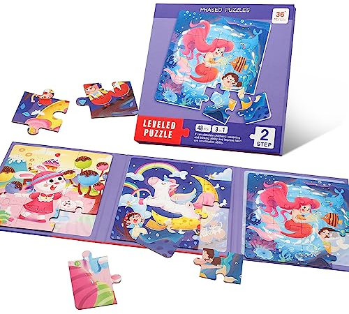 Govvay Magnetic Puzzles for Kids Ages 4 5 6 7, 3 in 1 Mermaid and Unicorn Jigsaw Puzzles Book, Educational Travel Toy for Toddlers, for Boys Girls Birthday Gifts