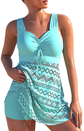 Femme Bikini Set Ventre Push up Maillots de Bain 2 pièces Dentelle Découpé Evidé Top Tankini Swimsuits avec Short de Bain Cover up Grande Taille (Vert,XL)