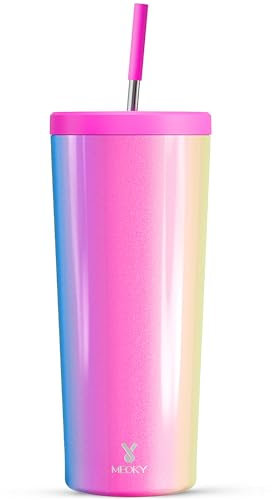 Meoky 24 oz Insulated Tumbler with Lid and Straw, Stainless Steel Vacuum Insulated Tumbler, Keeps Cold for 24 Hours, 100% Leak Proof, Fits in Car Cup Holder (Carnival)