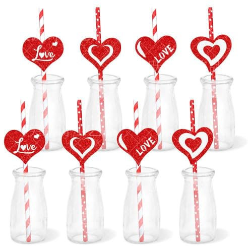JIMCOM 8 Pack Heart Print Paper Straws - Glitter Red Heart Slices White Stripe Disposable Straws for Beverages Cocktail Wedding Birthday Party Supplies