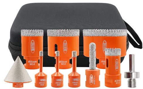 BGTEC Kit de forets diamantés pour scie-cloche diamantée, coupe-carrelage, filetage M14, 7 forets 6/6/8/25/35/50/68 mm + 1 embout à doigt de 10 mm + 1 chanfrein conique de 5,1 cm + 6 pans