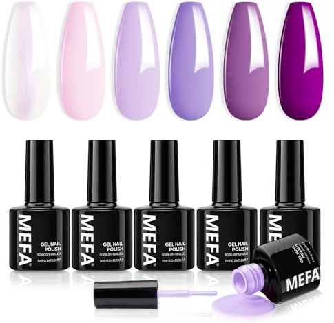 MEFA UV Nagellack, 6 Farben Violett Farben 7 ML Soak Off UV LED Gel Nagellack Schellack Set für Gelnägel Nail Art Kit Maniküre Nageldesign Nägel Selber Machen
