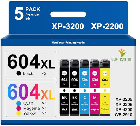 YUANQIMM 604XL 604 Patronen Kompatibel für Epson 604 XL Druckerpatronen für Epson XP 2205 XP 3200 Patronen für Expression Home XP-4200 XP-3205 XP-2200 XP-4205 Workforce WF-2935 WF-2930 WF-2910(5 Pack)
