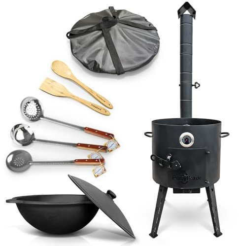 Utschak Feuerofen mit Thermometer Gusseisen Topf Kazan runder Boden mit Deckel (12 L) 2 Schaumlöffel 48 cm Schöpfkelle 48 cm Löffel und Spatel 35 cm Abdecktasche KazanoFF, Учаг, Outdoor, Kazan (Set 6)