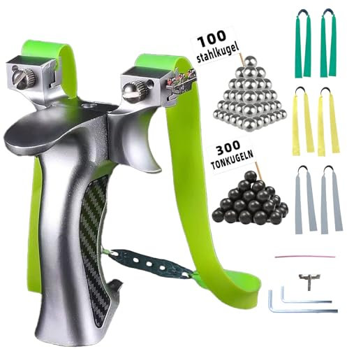 NWIWI Zwille Steinschleuder Slingshot Aluminiumgriff Sport Outdoor Schleuder Set mit 6 Ersatzgummi+300 Tonkugeln+100 Stahlkugeln+Schleuder Montageanleitung
