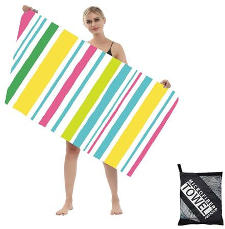 Strandtuch XXL 160x90cm,Bunte Streifen Mikrofaser Badetuch Saunatuch,Strandtücher leicht und schnelltrocknend,Strandhandtuch Sandfrei mit Tasche,Handtuch für Damen Herren Reise Urlaub Schwimmen Yoga