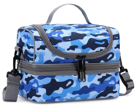 Lunch Tasche Kinder,ChaseChic Wiederverwendbar Leicht Isolierte Lunchboxen Auslaufsicher Kühltasche im Dual Abteil mit Abnehmbar Einstellbar Schulterriemen Blauer Tarnanstrich