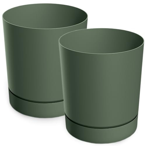 PECZEKO Macetero mate, macetero de plástico, maceta decorativa para plantas grandes y pequeñas, juego de 2 macetas, macetero para hierbas (2 unidades), color verde, diámetro de 20 cm