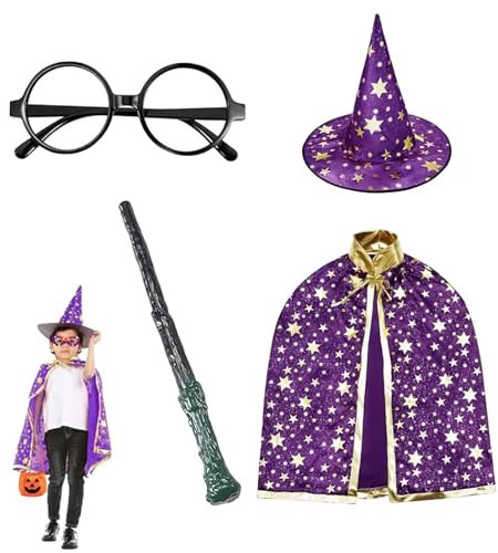 Ayizhiniu Hexe Zauberer Umhang, Halloween Zauberumhang Kostüm Kinder, Schwarz Zauberumhang mit Hut, Hexenumhang mit Zauberstab Magic, Brille, Geeignet Halloween Cosplay Requisiten