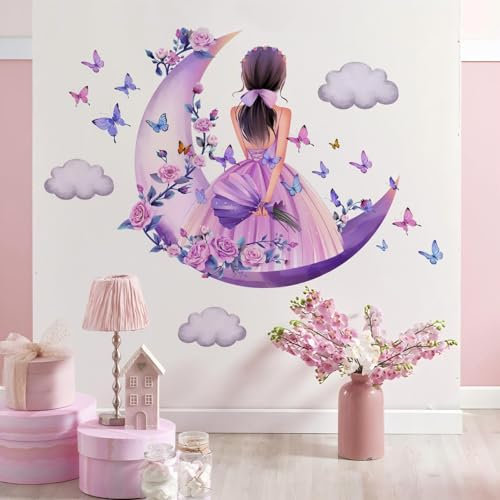 Schmetterling Mädchen Wandaufkleber, Mond Wolken Blume Fee Wandabziehbild, rosa florale Fototapete bunte Schmetterlinge Wanddekoration, Wandkunst für Mädchen Baby Kinderzimmer Schlafzimmer