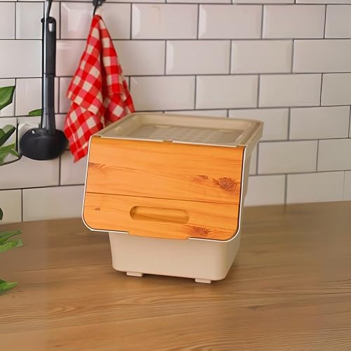 Stackable Toy Storage Box on Wheels with Front Lid, Plastic Organisation Boxes for Toys Snacks Clothes, Multi-Purpose Tower Organisers for Kitchen, Bathroom, Bedroom (Cream-Bamboo Efect, 3x12 Litre)