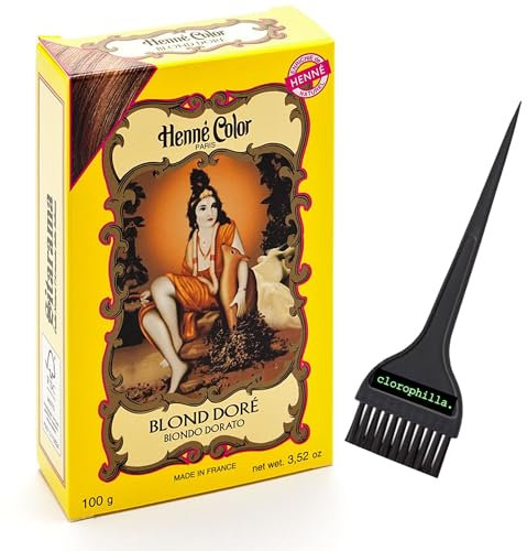 Sitarama Hennè Color Haarfarbe, natürliches Wasser, ohne Ammoniak und Wasseroxigenat, kein PPD, Henna-Pulver 100 g und Chlorophilla-Pinsel. (BLOND DORÈ Goldblond, 100 g)