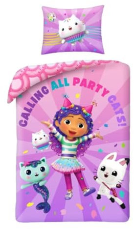 Halantex Bettwäsche-Set GABBY Das Puppenhaus - Gabby's Dollhouse CALLING ALL PARTY CATS - Bettbezug 140 x 200 cm mit Kissenbezug 70 x 90 cm - 100% Polyester mehrfarbig