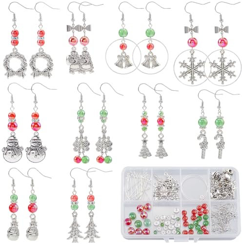 SUNNYCLUE 1 boîte de 10 Paires de Boucles d'oreilles Noël Breloques en Alliage Noël Breloques d'arbre Bonhomme Neige Père Flocon Neige Perles 'Espacement en Verre pour Kits