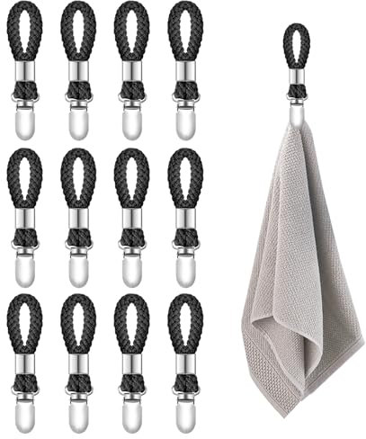 12 pinzas para toallas, colgador para toallas, colgador de toallas, sin costura, para cocinas de salón, pinzas para toallas, clips para toallas con trabillas (negro)