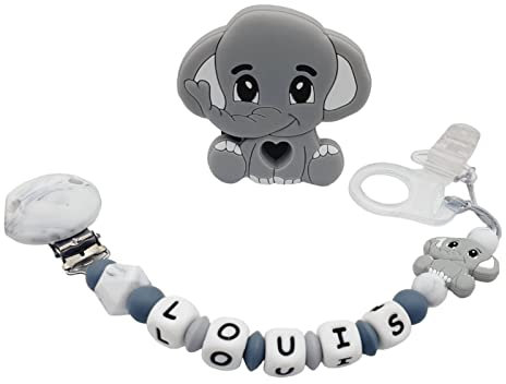 Attache tétine sucette personnalisée/prénom/bébé naissance cadeau, modèle Elephant silicone (Attache + Porte Clés)