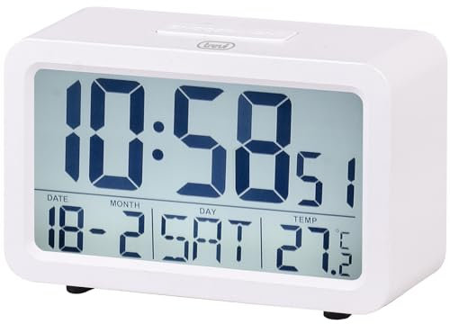 Trevi SLD 3P60 - Despertador Digital con Gran Pantalla LED retroiluminada, Reloj con termómetro, Calendario, Funciones de Temporizador y repetición, alimentación a Pilas AA, fácil de Usar, Blanco
