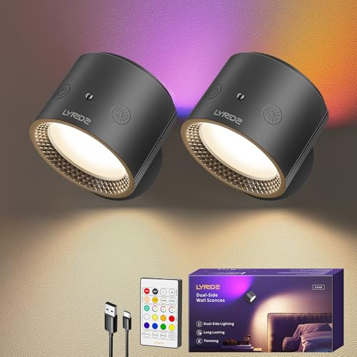 Lyridz Led Wandleuchte innen Doppelte Seitenbeleuchtung - Wandlampe Akku 5000mAh mit 3 Farbmodi & 8 RGB-Farben Dimmbar - 360°Drehbare Led Wandbeleuchtung mit Timer Funktion für Schlafzimmer, 2 Stück