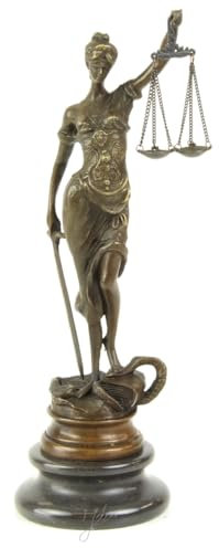 JS Garten Deko Bronzefigur Bronzeskulptur Bronze Justitia auf Steinsockel H 23,5 cm Göttin der Gerechtigkeit Figur
