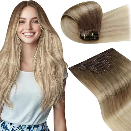 LaaVoo Clip in Extensions Remy Ombre Blond Clip in Extensions Echthaar Hellbraun Balayage Dunkel Aschblond Ombre Platinblond Extensions Echthaar Clips 45cm 120g 7Stück #8/18/60