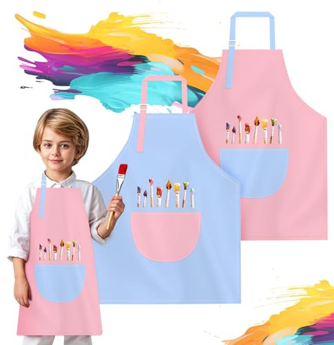 Ledebouk Malkittel kinder, 2 Stück Kinderschürze Mädchen Jungen, Kinder Schürze mit Taschen Kleinkind, Kochschürze Kinder, für Malen Kochen Backen Gartenarbeit DIY Kunst, Pink Und Blau(7-13 Jahre)