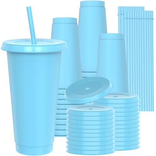 OZMOJOO 710 ml (24 Floz) Kunststoffbecher mit Deckel und Strohhalm (24 Stück) - Stabil & lebensmittelecht, wiederverwendbare Trinkbecher für Eiskaffee, Milchshakes, Smoothies - Blau