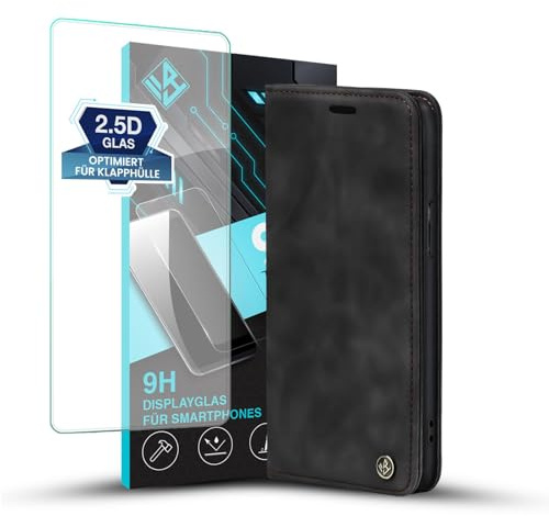 LBH Handyhülle für Apple iPhone 11 Pro Max in Schwarz mit Displayglas Karten- und Geldfach Smartphone Hülle mit Standfunktion Flip Case Schutzhülle Magnetverschluss Vintage