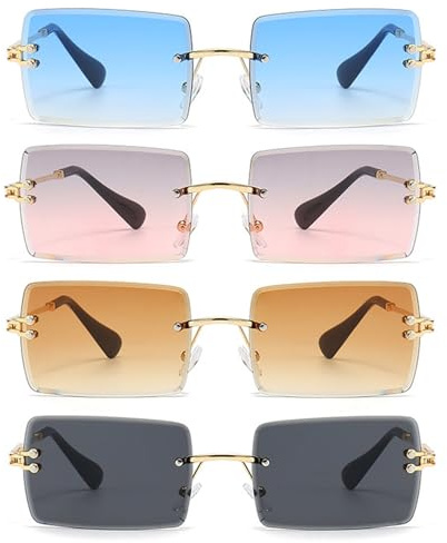 HTTDSLF 4 Piezas Gafas de Sol Rectangulares sin Montura UV400, Gafas Rectangulares Cuadradas Retro, dGafas de Sol Sin Montura Rectangularess, GGafas deSol Hombre, GGafas deSol Mujer Cuadradas