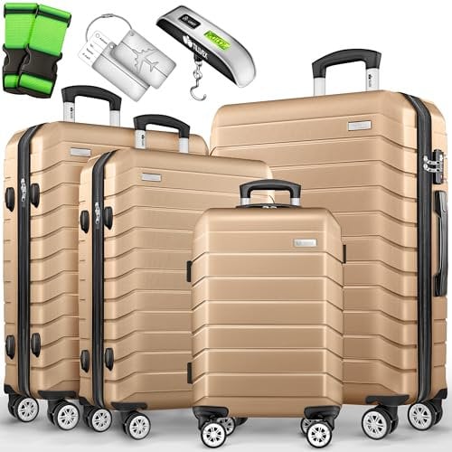 tillvex® Set de 4 Valises de Voyage + Balance, 8 Sangles à Bagages et 4 étiquettes à Bagages | Lot de valises avec roulettes et TSA Lock | Sacs de Voyage à Coque Rigide S-M-L-XL (Champagne)