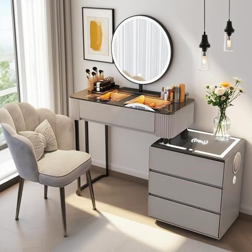 Vofikoli Schminktisch mit Spiegel und LED-Beleuchtung, Frisiertisch mit Glasplatte, Dreifarbiger runder Spiegel mit Smart Touch, Make up Tisch Modern Für Mädchen und Frauen (Graue Mit Stuhl, 80CM)