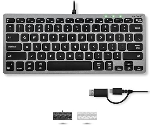Macally Piccola tastiera cablata per Mac e PC (Dual USB C + A) - Risparmia spazio, layout a 78 tasti con 13 scorciatoie, tipo C, tastiera compatta USB C per MacBook, iMac, iPad, iPhone, grigio