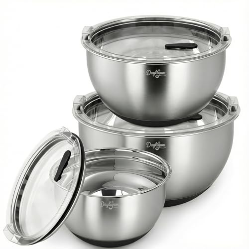 Mixing Bowls with Clear Airtight Lids, 3-Piece Stainless Steel Set, Black | Silicone Vent Plug, Secure Seal Design, 1.5/3/5 QT, Dishwasher-Safe Lids, Non-Slip Base, Measurement Marks, Nesting Design