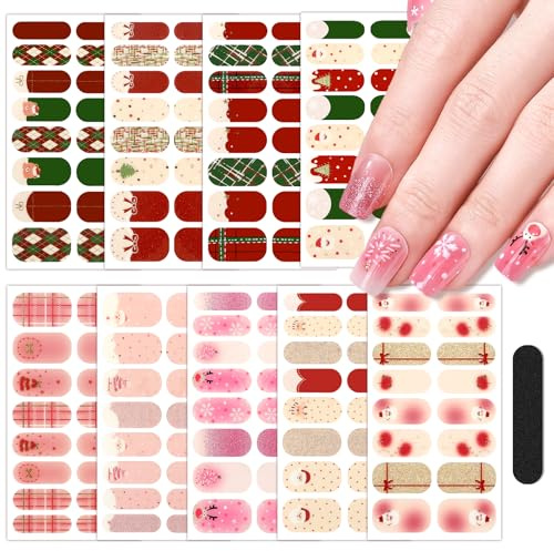 JSRQT 9 Blatt Weihnachts Nagelfolie Selbstklebend, Rot Grüne Weihnachts Selbstklebende Nagellack Aufkleber, Wasserfeste Gel Nagelsticker Streifen, Maniküre Tipps für Frauen Mädchen