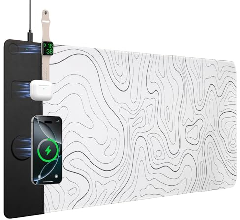 VOVIPO Tapis de souris de charge sans fil 3-en-1, tapis de bureau avec chargeur sans fil compatible avec plusieurs appareils pour montre/iPhone, grand tapis de bureau blanc topographique (90 x 40 cm