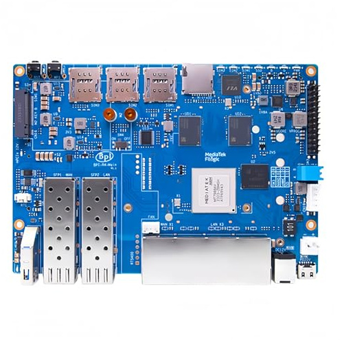 Banana Pi BPI-R4 MT7988A Quad A73 4GB DDR4 8GB eMMC WLAN7 OpenWRT Router | MediaTek Filogic 880 SoC, 1,8 GHz Cortex-A73, WLAN 7 802.11be, 2x 10G SFP, 4x Gigabit RJ45, M.2 NVMe, 2x miniPCIe, USB 3.2