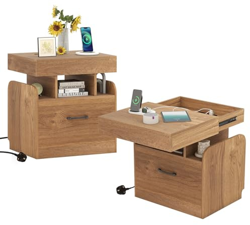 Multigot Bedside Table, Modern Nightstand Bedside Cabinet with Charging Station, Hidden Storage Tray, Open Shelves & Drawer, Compact Sofa Side Table for Small Spaces Living Room Bedroom (2, Natural)