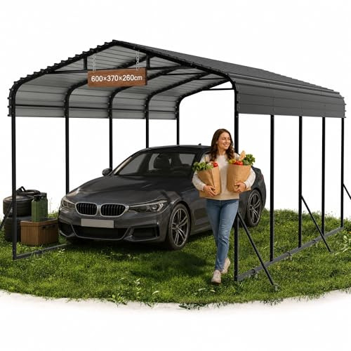 QEENTOE Carport 600×370×260 cm (12x20 FT), Robuste Zeltgarage Winterfest UV-beständig, Metall Auto-Unterstand Außengarage für PKW Boote Außenlagerung Schwarz