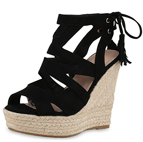 SCARPE VITA Damen Sandaletten Bast Keilabsatz Espadrilles Wedges Schuhe 160580 Schwarz Quasten 39