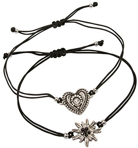 Alpenflüstern Trachten-Armband Set Strass-Edelweiß und Trachtenherz - Damen-Trachtenschmuck mit antik-Silber-farbenem Edelweiss und Trachten-Herz, verstellbare Trachten-Armketten schwarz DAB053