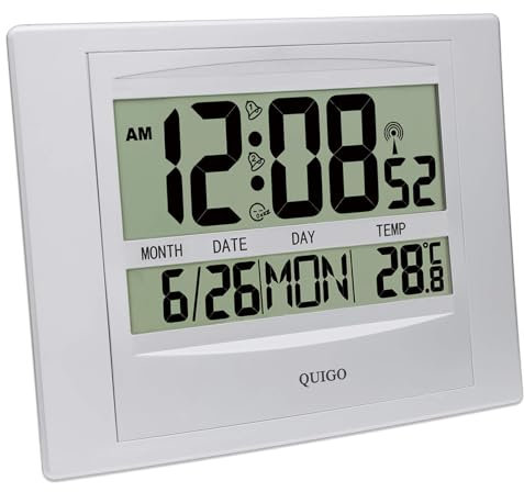 QUIGO Digital Wall Clock Radio Controlled Alarm Clock Large Display Battery Operated Bedside Desk Bedroom Office Clock Silver…