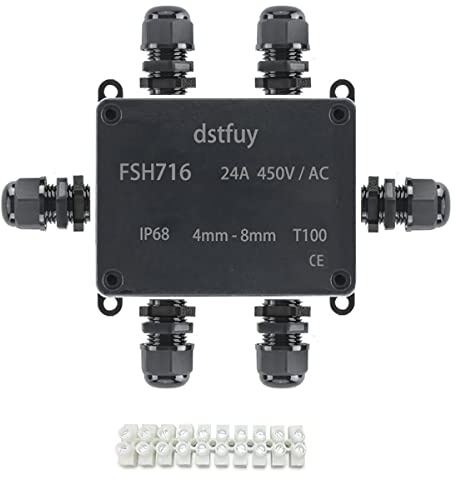 dstfuy Waterproof IP68 Electrical Box with 24A Barrier Terminals, ABS Plastic, Black, Includes Junction Box, Rubber Grommet, Screws, PG9 Cable Glands, Terminal Block
